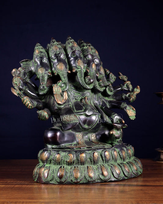 Pure Brass Large Panchmukhi Ganesha Statue - Black Green tone , 13" - Budhshiv.com