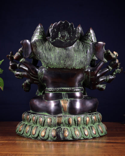 Pure Brass Large Panchmukhi Ganesha Statue - Black Green tone , 13" - Budhshiv.com