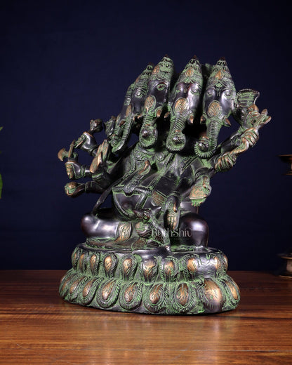 Pure Brass Large Panchmukhi Ganesha Statue - Black Green tone , 13" - Budhshiv.com