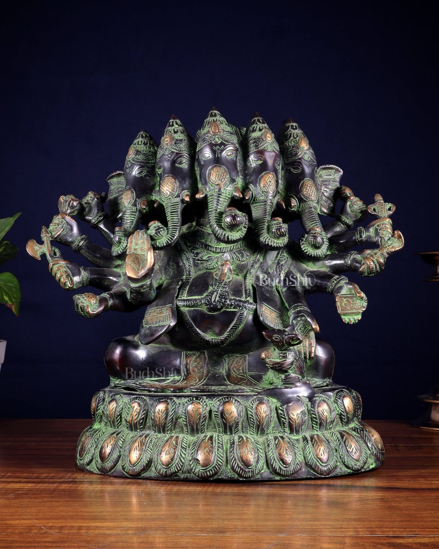 Pure Brass Large Panchmukhi Ganesha Statue - Black Green tone , 13" - Budhshiv.com
