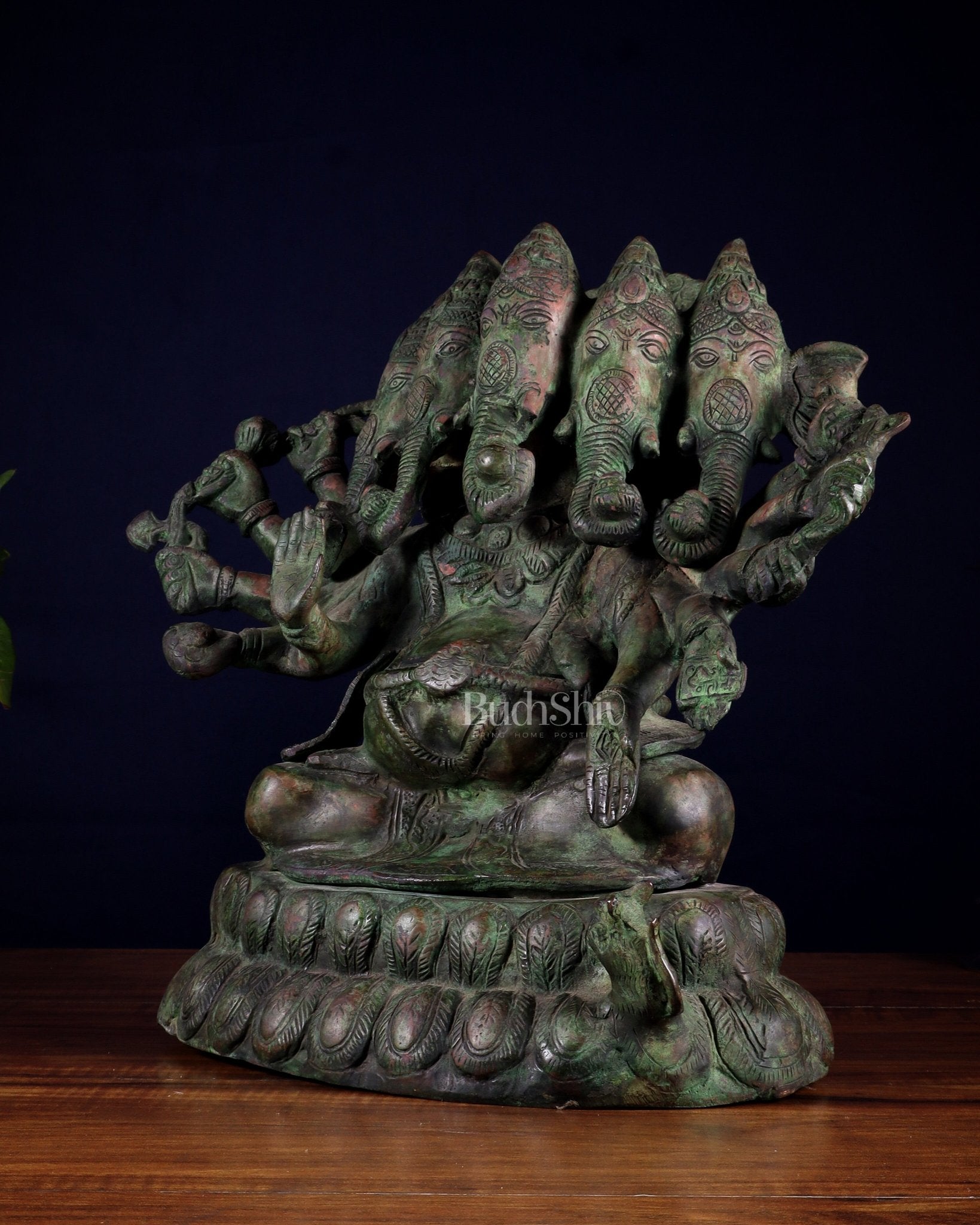 Pure Brass Large Panchmukhi Ganesha Statue - Vintage Green Patina, 13" - Budhshiv.com