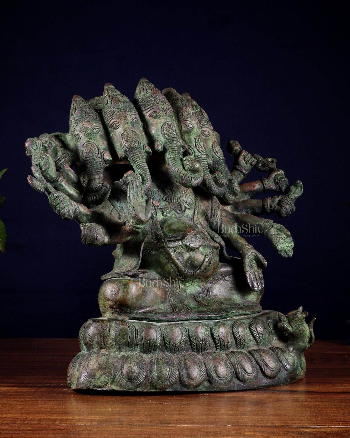 Pure Brass Large Panchmukhi Ganesha Statue - Vintage Green Patina, 13" - Budhshiv.com