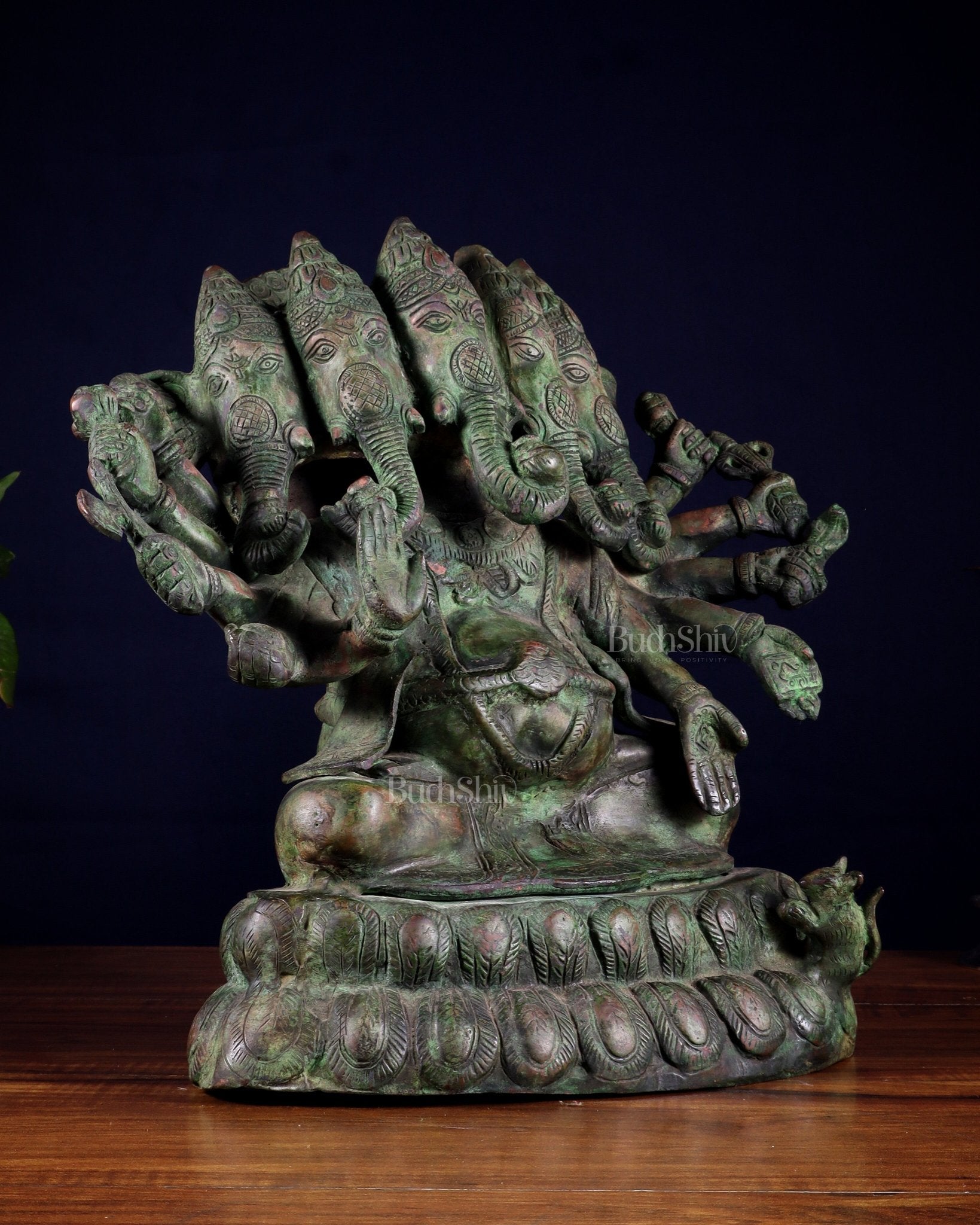 Pure Brass Large Panchmukhi Ganesha Statue - Vintage Green Patina, 13" - Budhshiv.com