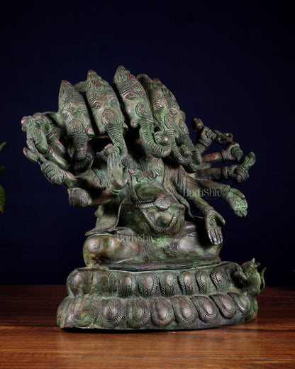 Pure Brass Large Panchmukhi Ganesha Statue - Vintage Green Patina, 13" - Budhshiv.com