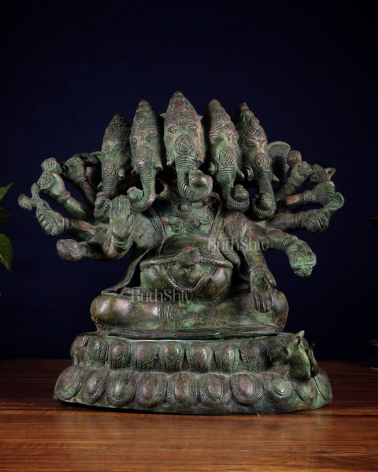 Pure Brass Large Panchmukhi Ganesha Statue - Vintage Green Patina, 13" - Budhshiv.com