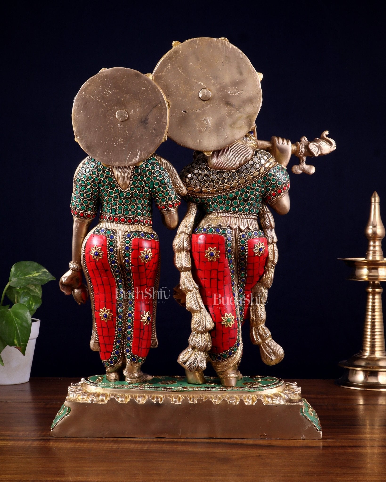 Pure Brass Large Radha Krishna Statue with Meenakari Stonework | 17 Inch - Budhshiv.com