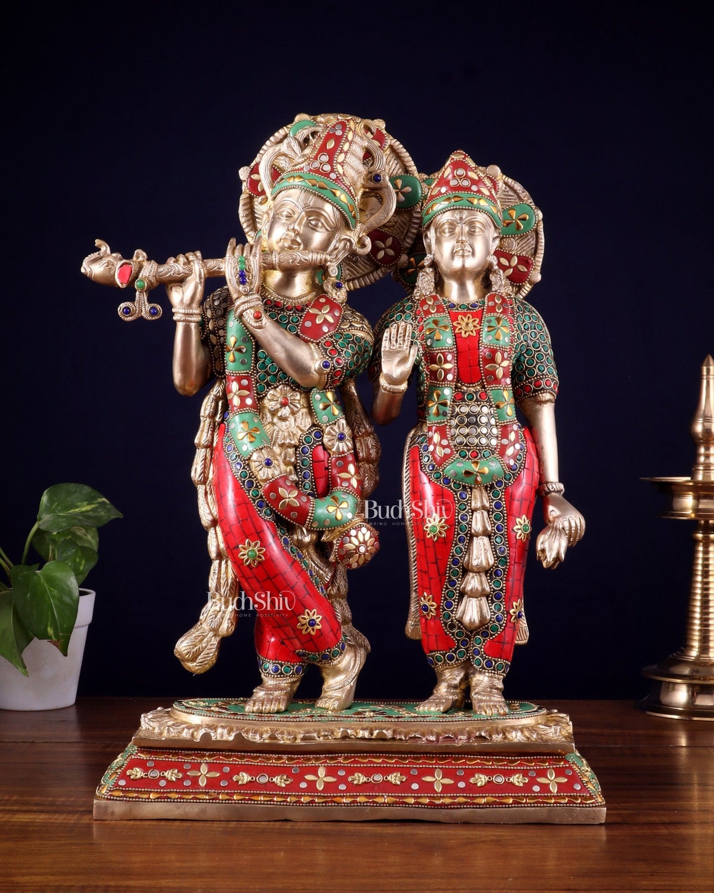 Pure Brass Large Radha Krishna Statue with Meenakari Stonework | 17 Inch - Budhshiv.com