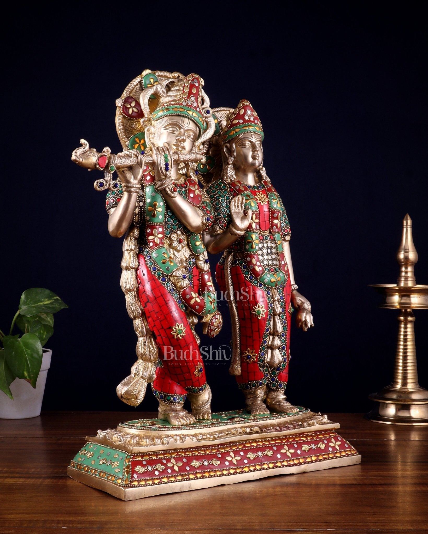 Pure Brass Large Radha Krishna Statue with Meenakari Stonework | 17 Inch - Budhshiv.com