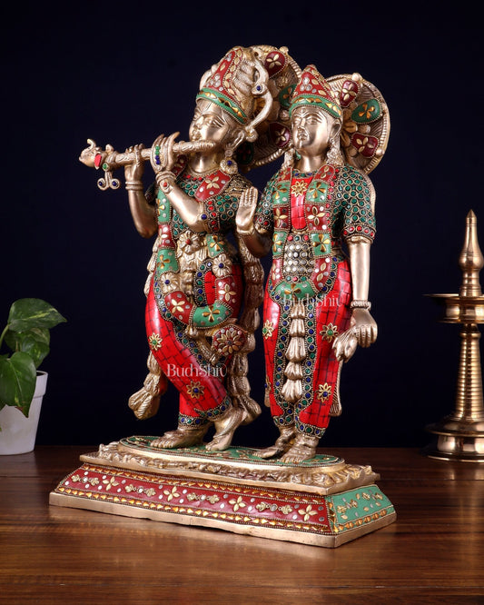 Pure Brass Large Radha Krishna Statue with Meenakari Stonework | 17 Inch - Budhshiv.com