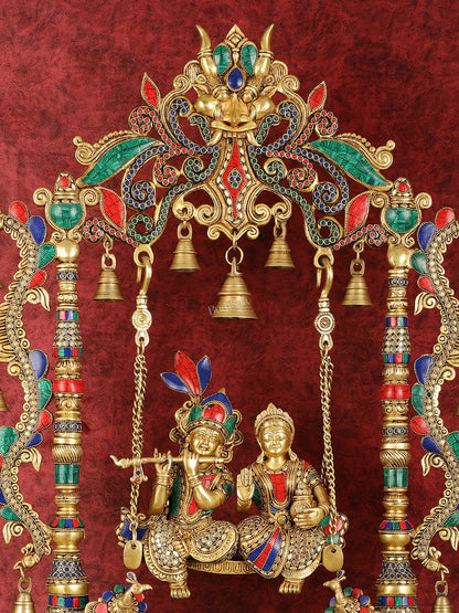 Pure Brass Large Radha Krishna Swing Jhoola with Meenakari Work - 30" - Budhshiv.com