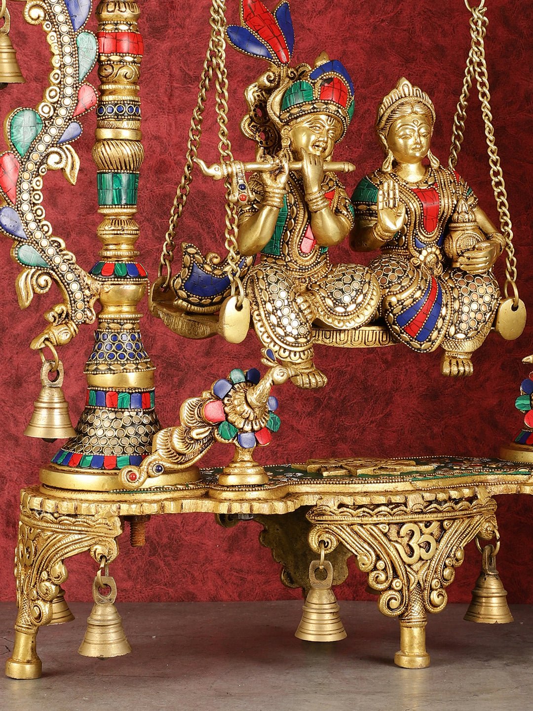 Pure Brass Large Radha Krishna Swing Jhoola with Meenakari Work - 30" - Budhshiv.com