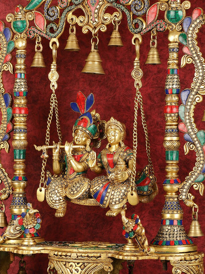 Pure Brass Large Radha Krishna Swing Jhoola with Meenakari Work - 30" - Budhshiv.com