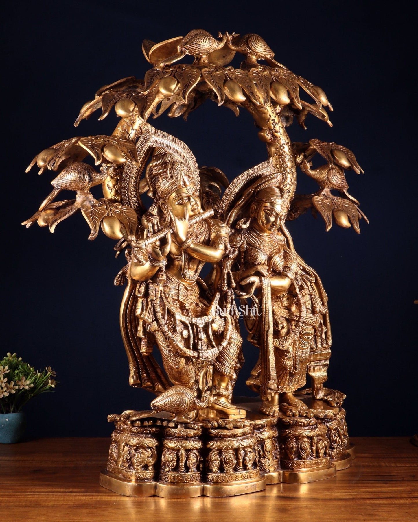 Pure Brass Large Radha Krishna Under Tree Sculpture 30" - Budhshiv.com
