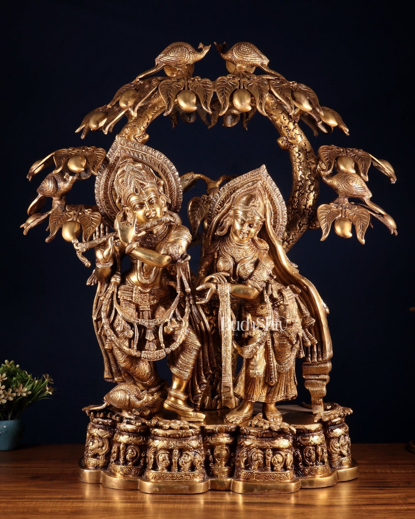 Pure Brass Large Radha Krishna Under Tree Sculpture 30" - Budhshiv.com