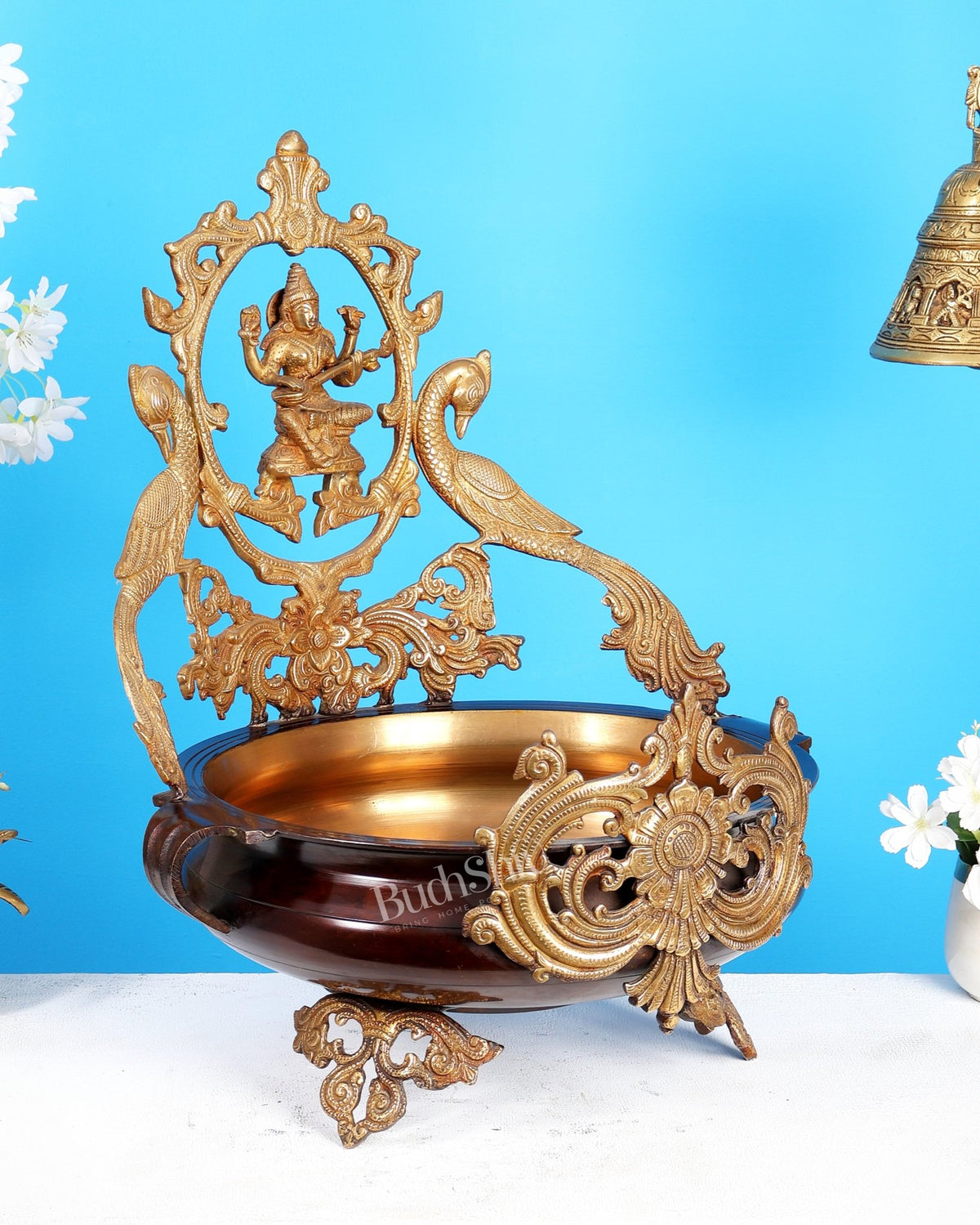 Pure Brass Large Saraswati Design urli – Exquisite Handcrafted Masterpiece 19 inch - Budhshiv.com
