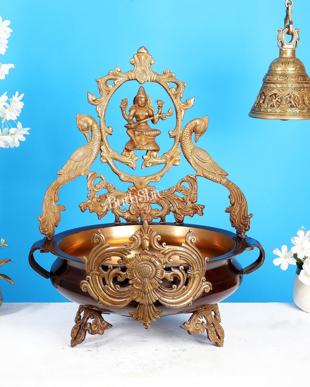 Pure Brass Large Saraswati Design urli – Exquisite Handcrafted Masterpiece 19 inch - Budhshiv.com