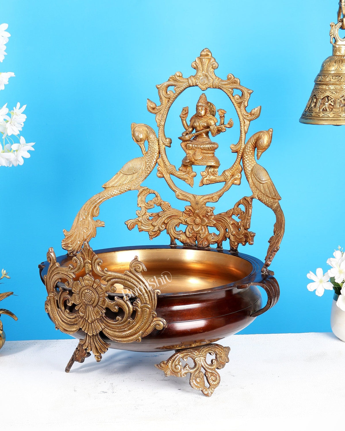 Pure Brass Large Saraswati Design urli – Exquisite Handcrafted Masterpiece 19 inch - Budhshiv.com