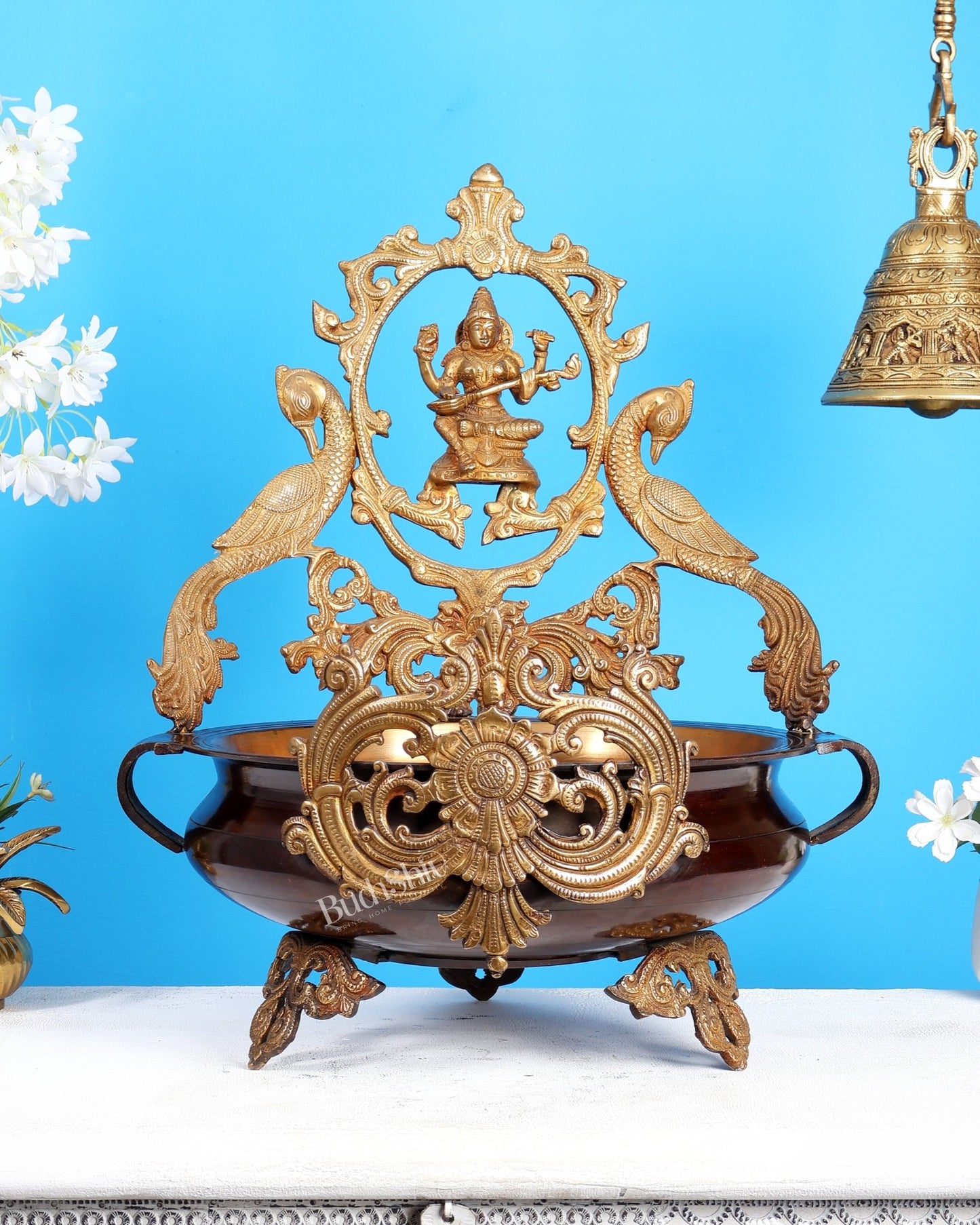 Pure Brass Large Saraswati Design urli – Exquisite Handcrafted Masterpiece 19 inch - Budhshiv.com