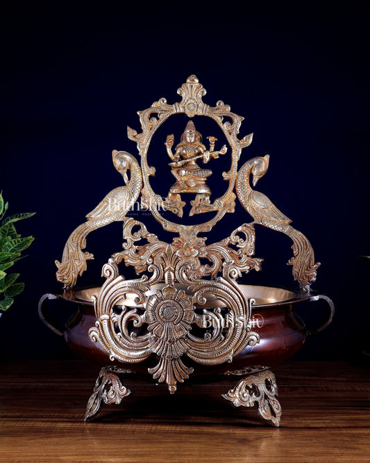 Pure Brass Large Saraswati Design urli – Exquisite Handcrafted Masterpiece 19 inch - Budhshiv.com