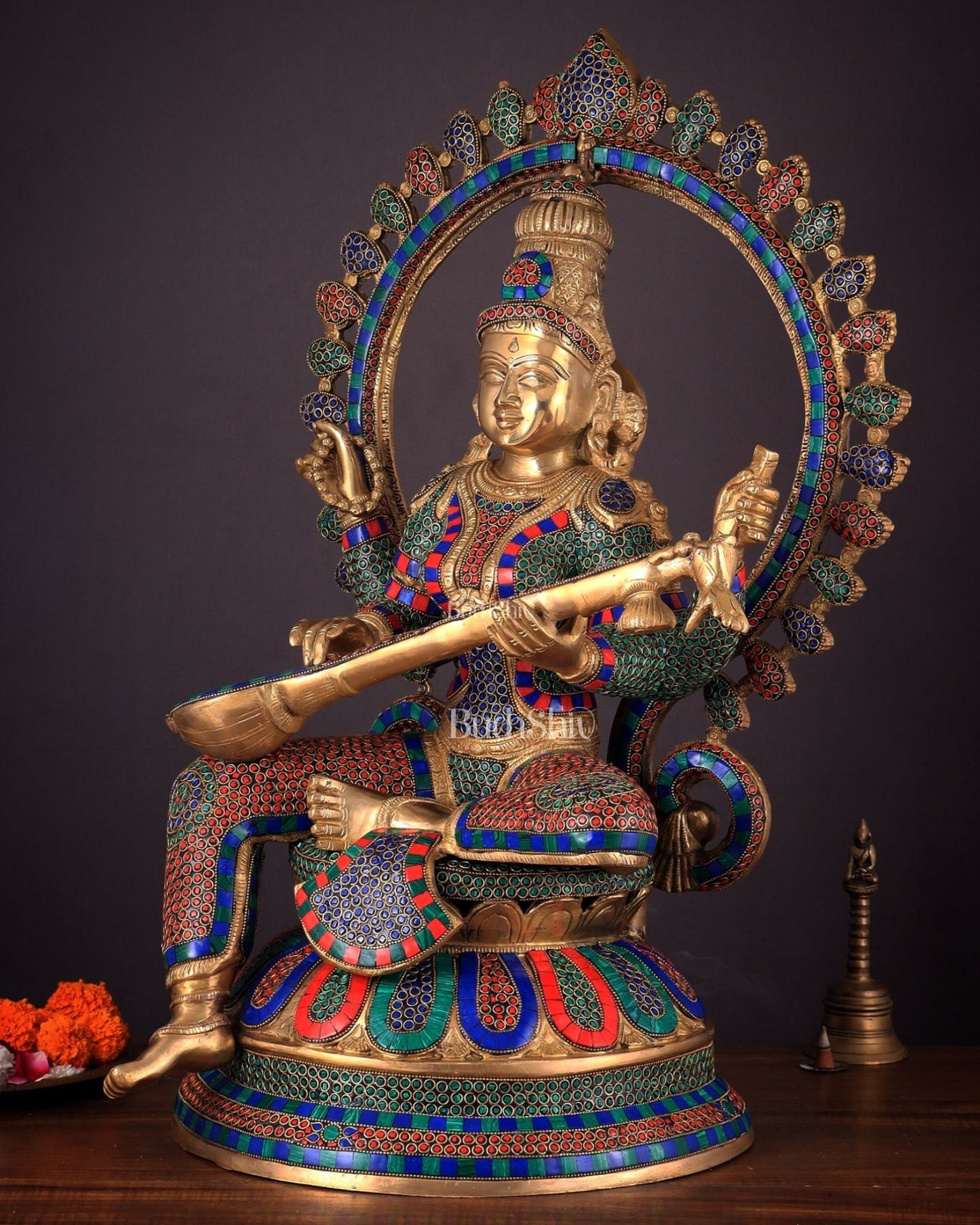 Pure Brass Large Saraswati Devi Statue with Meenakari Stonework – 27" - Budhshiv.com