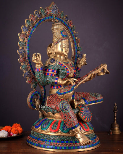 Pure Brass Large Saraswati Devi Statue with Meenakari Stonework – 27" - Budhshiv.com