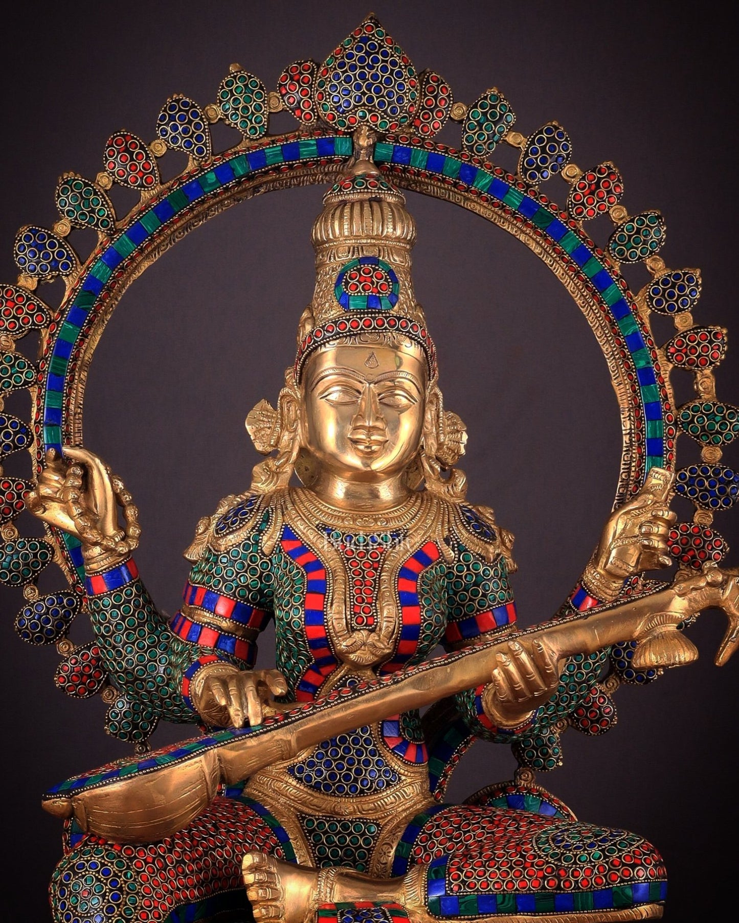Pure Brass Large Saraswati Devi Statue with Meenakari Stonework – 27" - Budhshiv.com