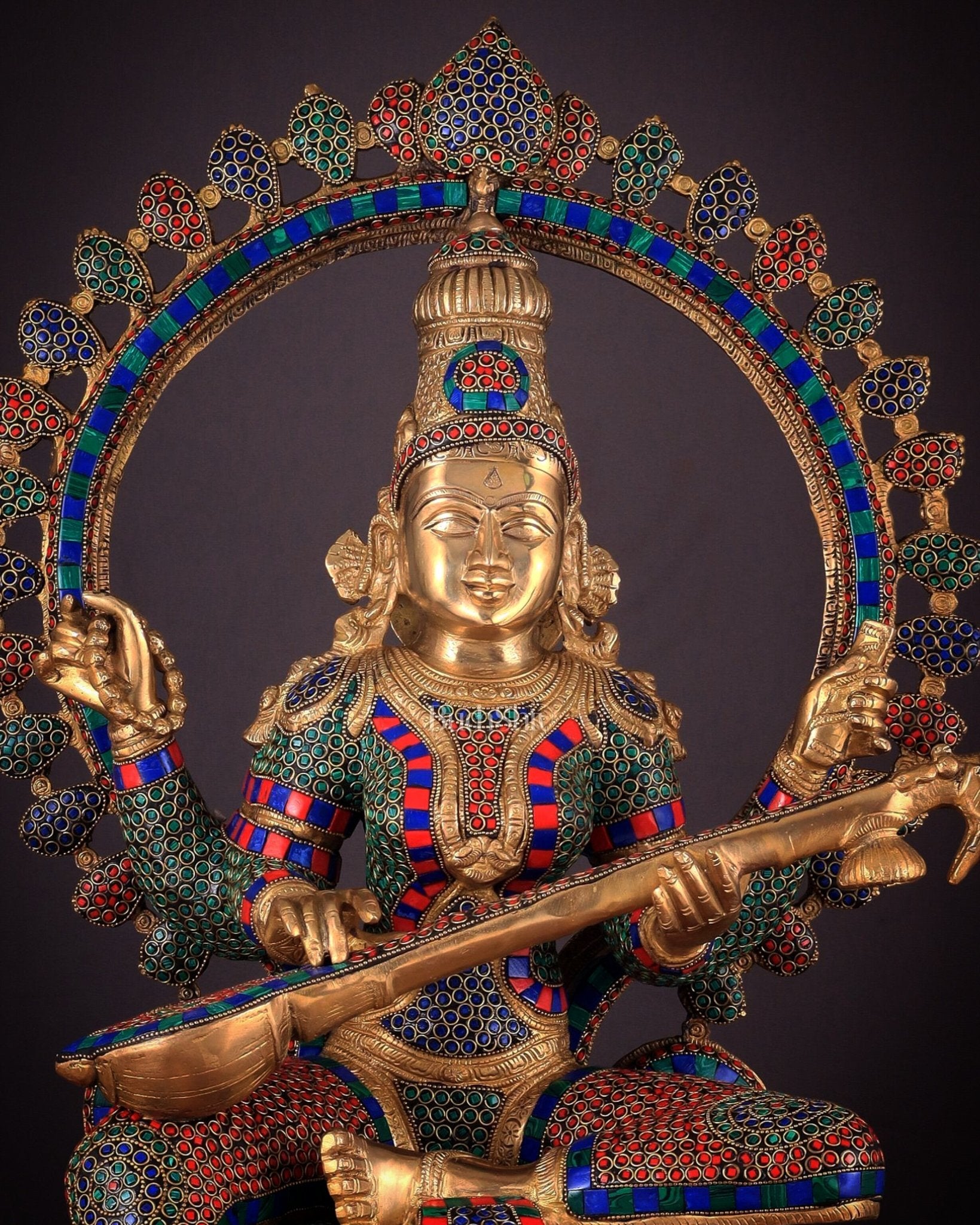Pure Brass Large Saraswati Devi Statue with Meenakari Stonework – 27" - Budhshiv.com