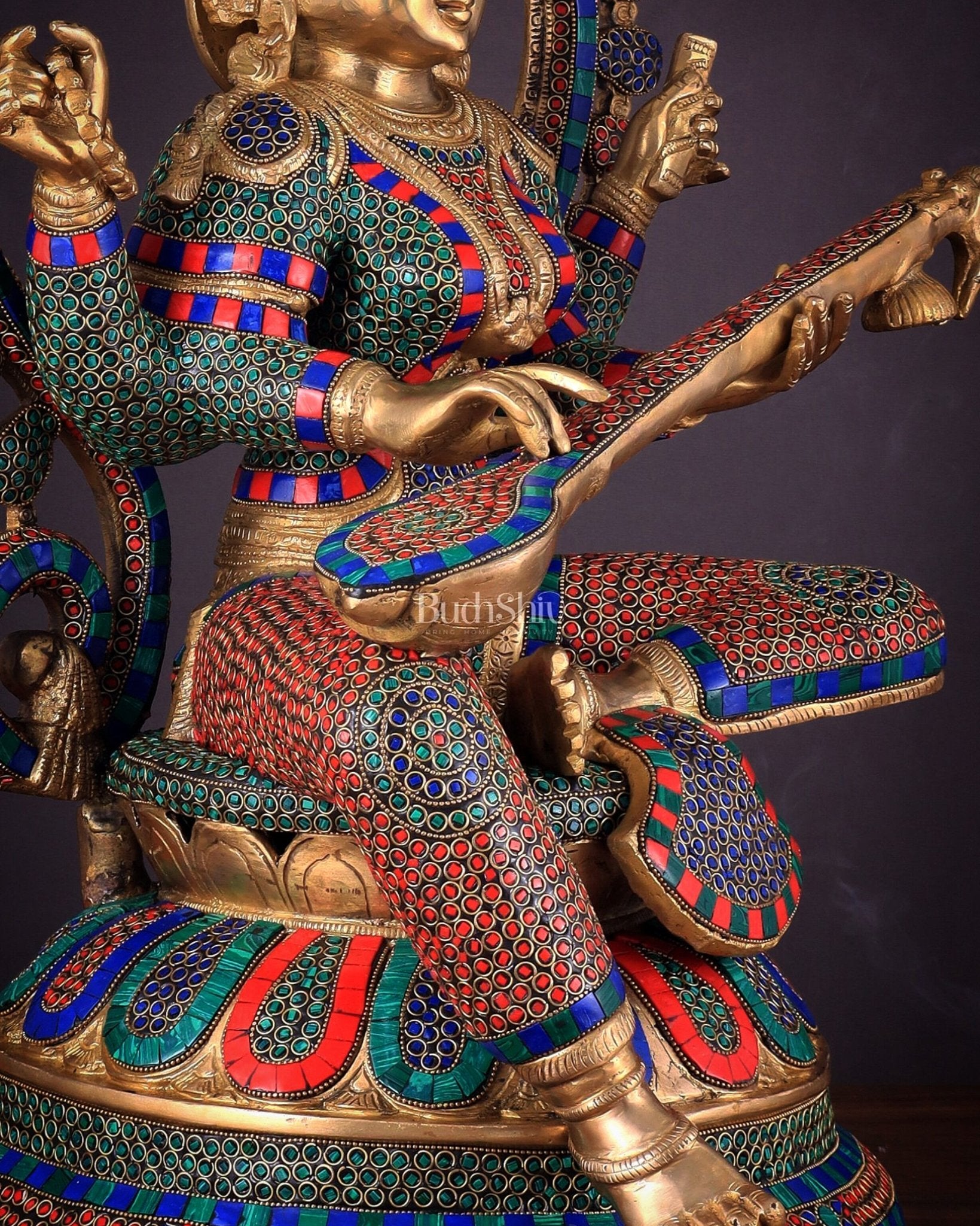 Pure Brass Large Saraswati Devi Statue with Meenakari Stonework – 27" - Budhshiv.com