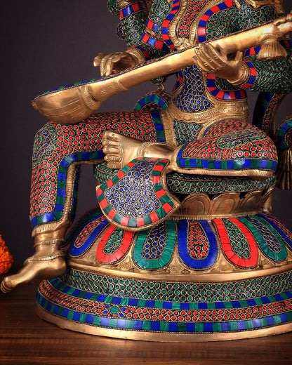 Pure Brass Large Saraswati Devi Statue with Meenakari Stonework – 27" - Budhshiv.com