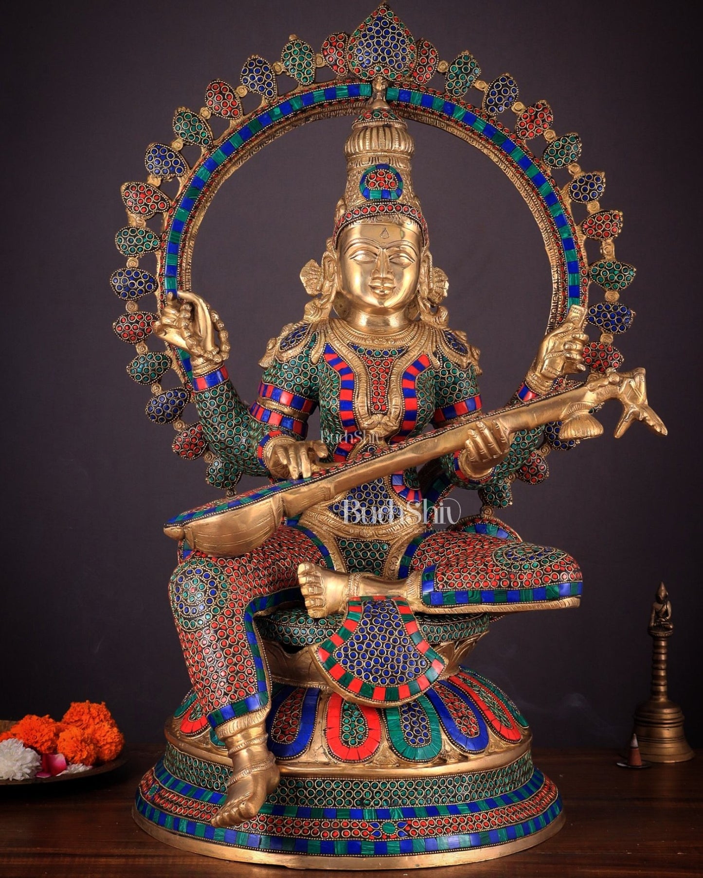 Pure Brass Large Saraswati Devi Statue with Meenakari Stonework – 27" - Budhshiv.com