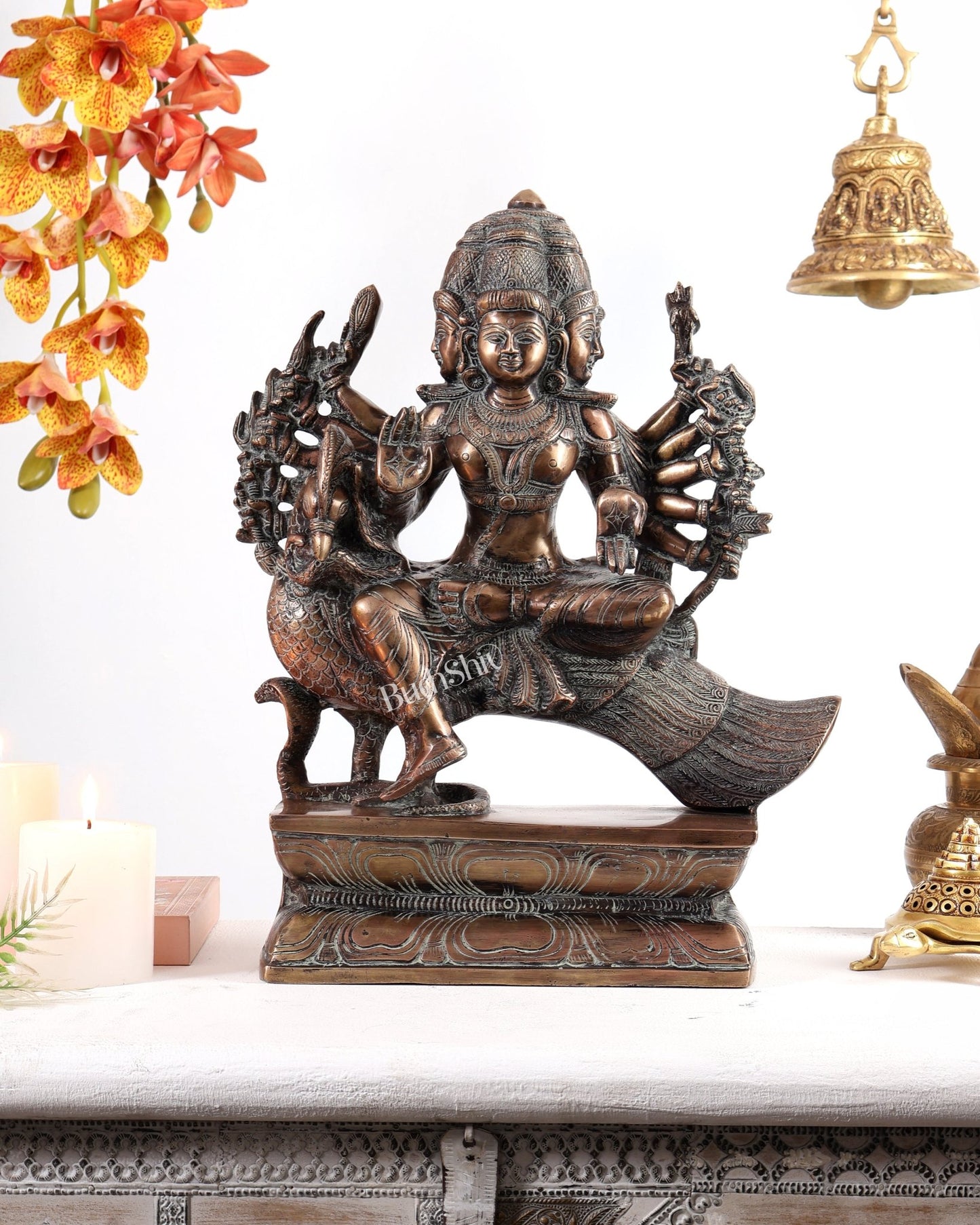 Pure Brass Large shanmurugan Sitting on a Peacock – Kartikeya Swamy Idol 16" antique finish - Budhshiv.com