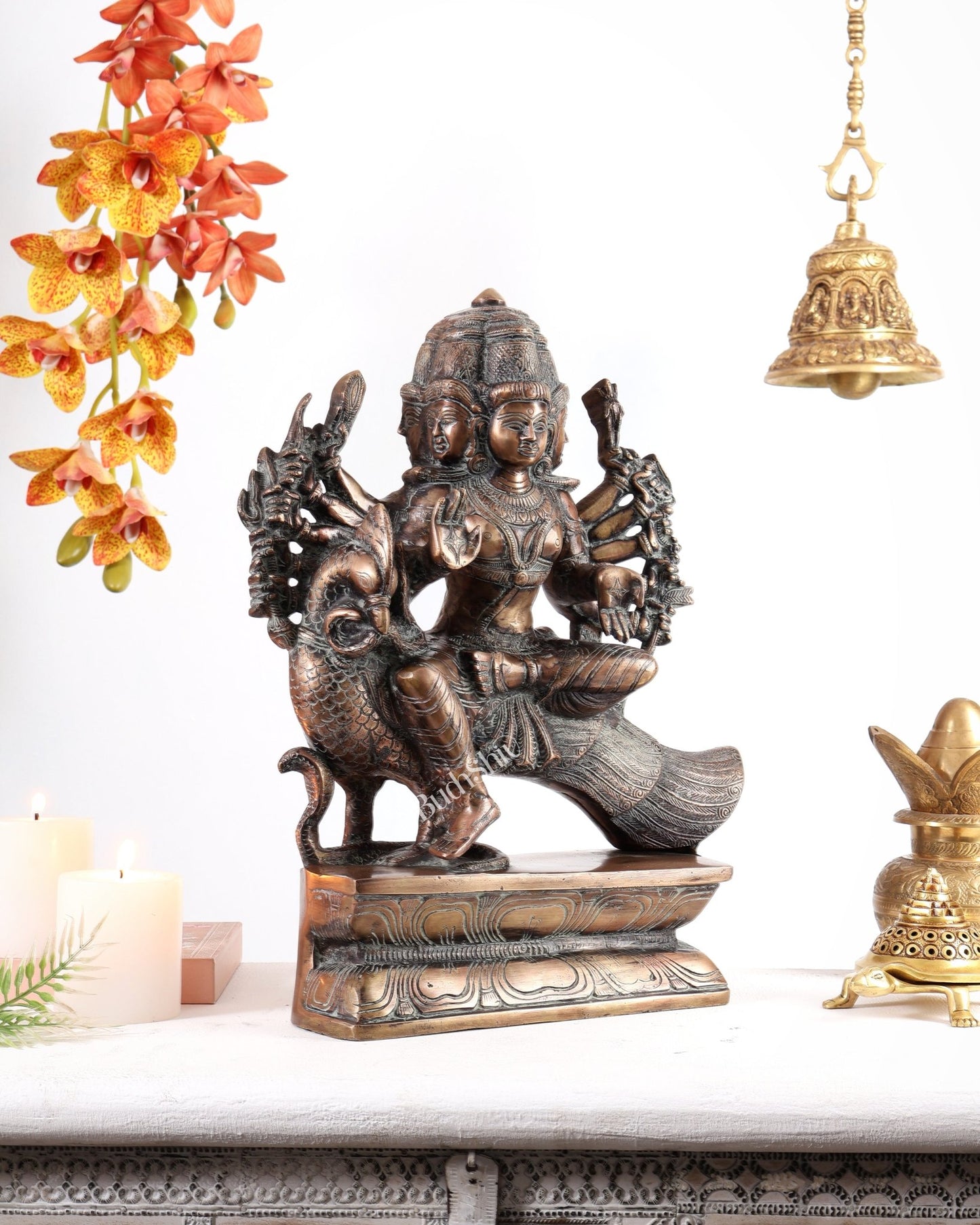 Pure Brass Large shanmurugan Sitting on a Peacock – Kartikeya Swamy Idol 16" antique finish - Budhshiv.com