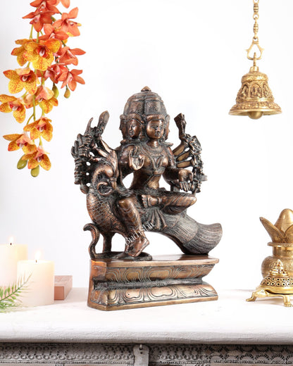Pure Brass Large shanmurugan Sitting on a Peacock – Kartikeya Swamy Idol 16" antique finish - Budhshiv.com