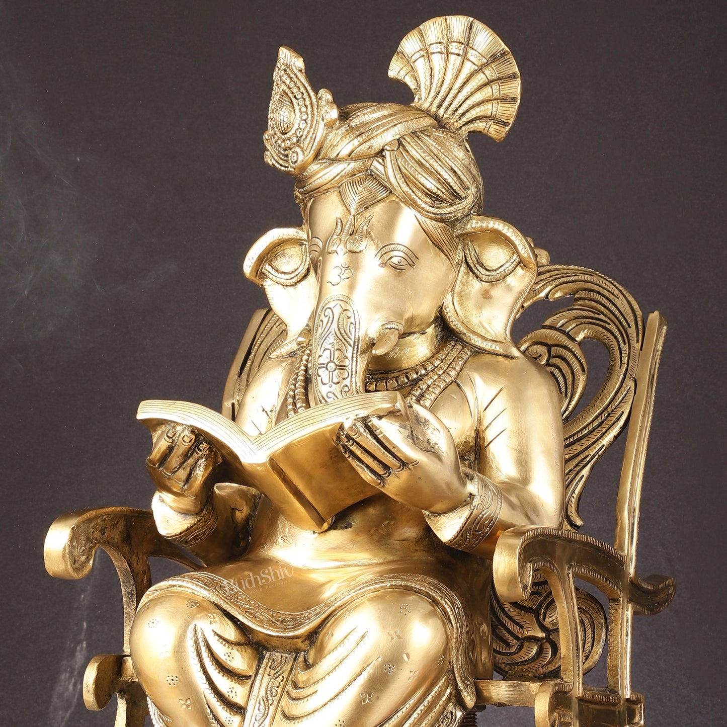 Pure Brass Large Sized Ganapati Seated on Chair Reading Book | 24" - Budhshiv.com