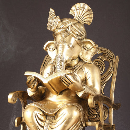 Pure Brass Large Sized Ganapati Seated on Chair Reading Book | 24" - Budhshiv.com