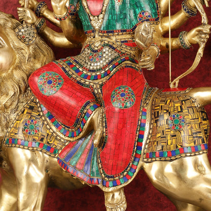 Pure Brass Large - Sized Goddess Durga Sherawali Mata Murti - 27 inch - Budhshiv.com