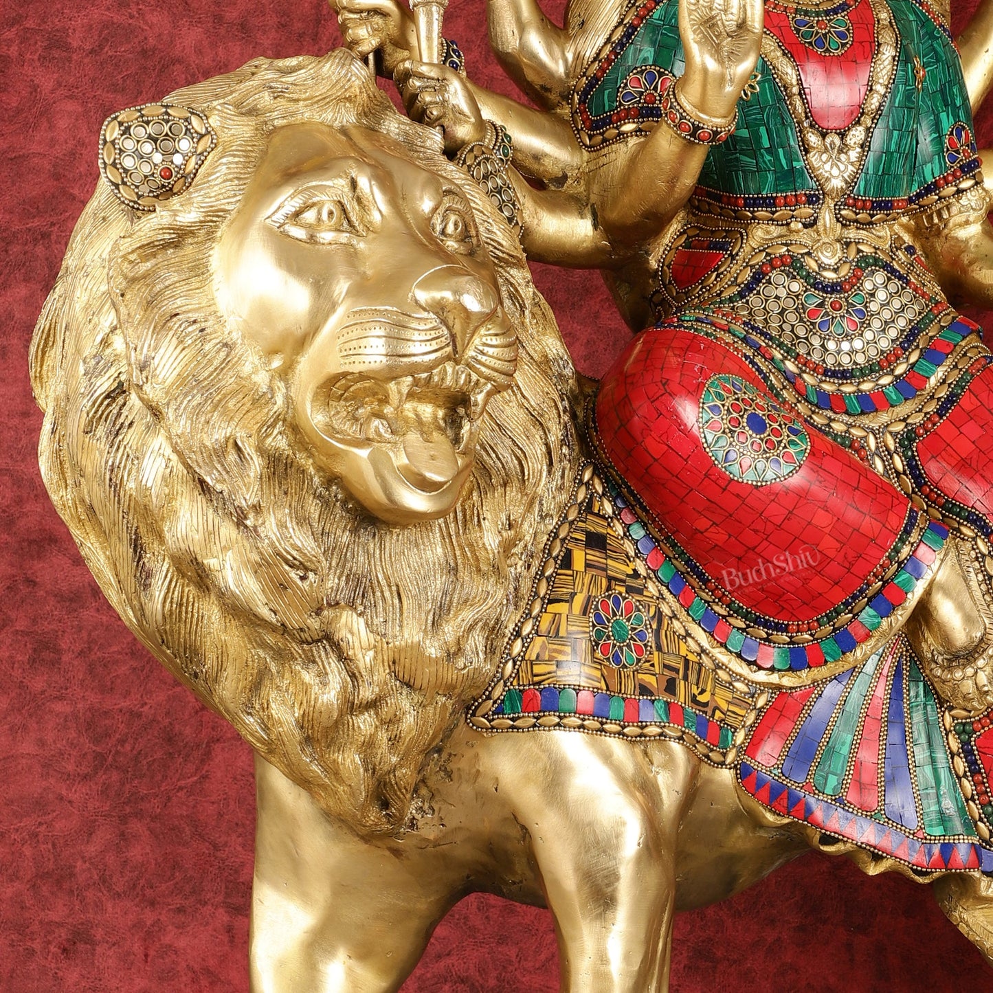 Pure Brass Large - Sized Goddess Durga Sherawali Mata Murti - 27 inch - Budhshiv.com