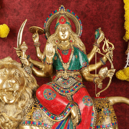 Pure Brass Large - Sized Goddess Durga Sherawali Mata Murti - 27 inch - Budhshiv.com