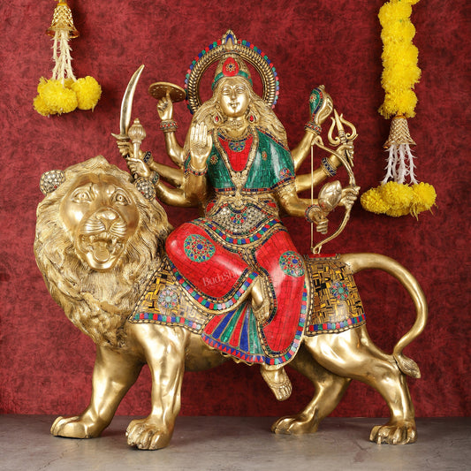 Pure Brass Large - Sized Goddess Durga Sherawali Mata Murti - 27 inch - Budhshiv.com