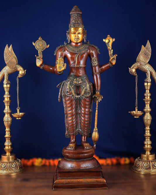 Pure Brass Large Standing Lord Vishnu Narayana Statue – Chola Dual Tone 37" - Budhshiv.com