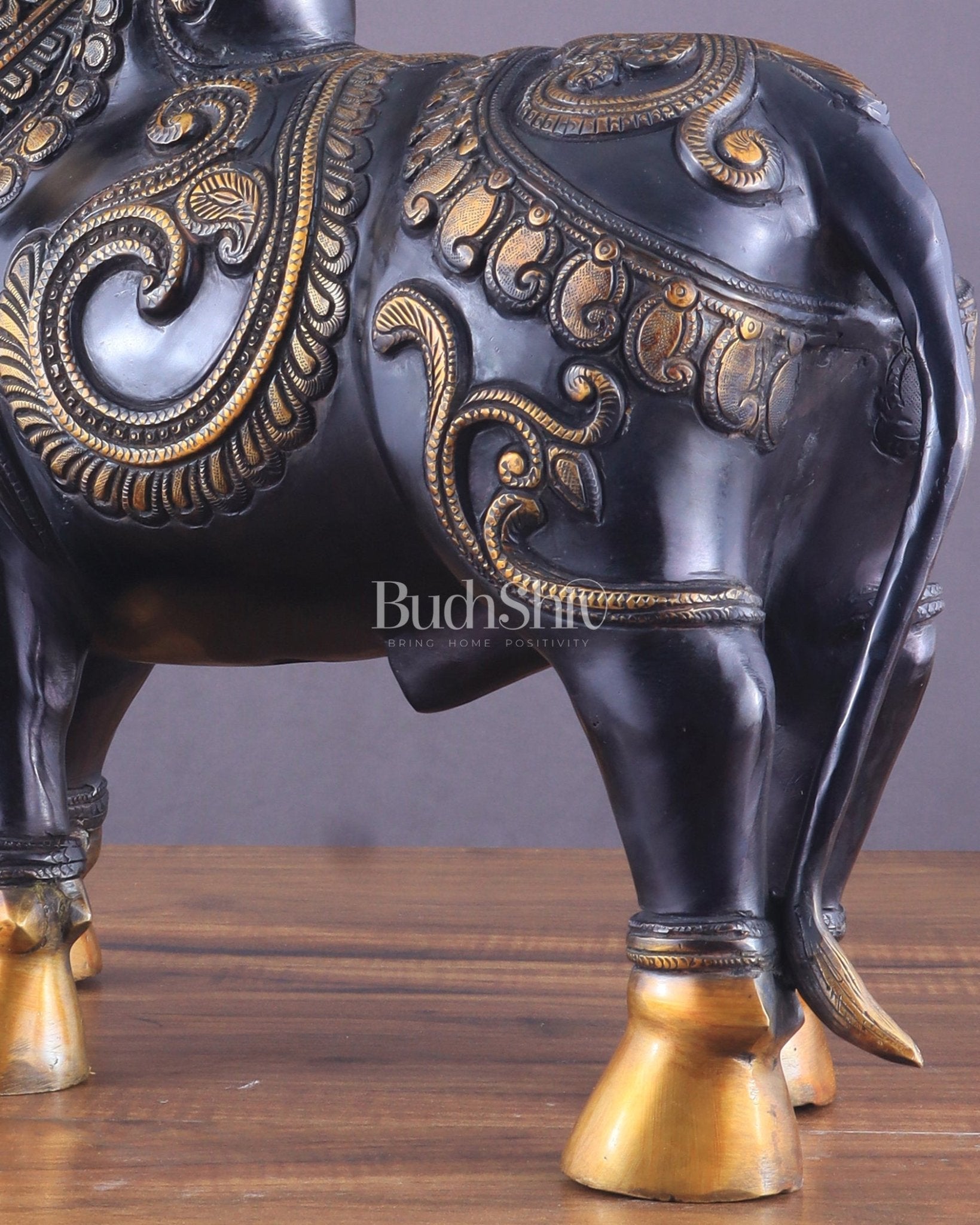 Pure Brass Large Standing Nandi Fully Engraved Sculpture 14" black edition - Budhshiv.com