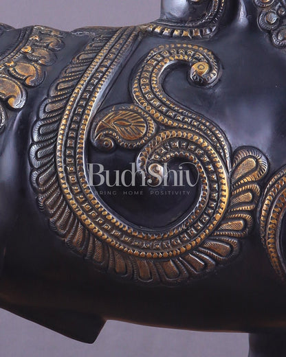 Pure Brass Large Standing Nandi Fully Engraved Sculpture 14" black edition - Budhshiv.com