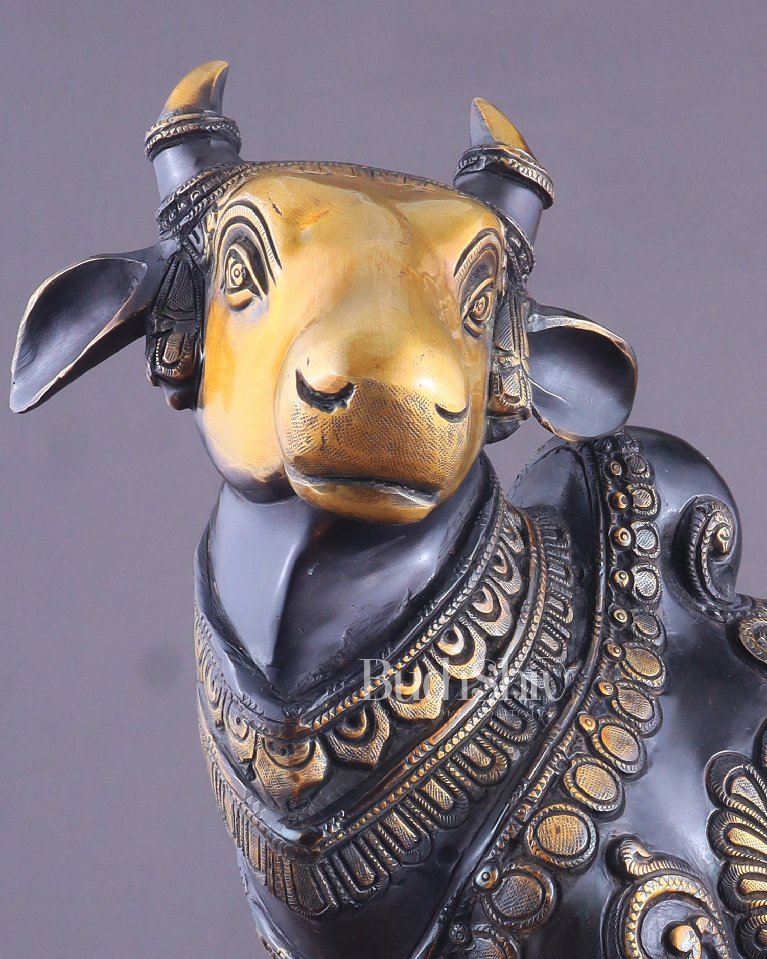 Pure Brass Large Standing Nandi Fully Engraved Sculpture 14" black edition - Budhshiv.com