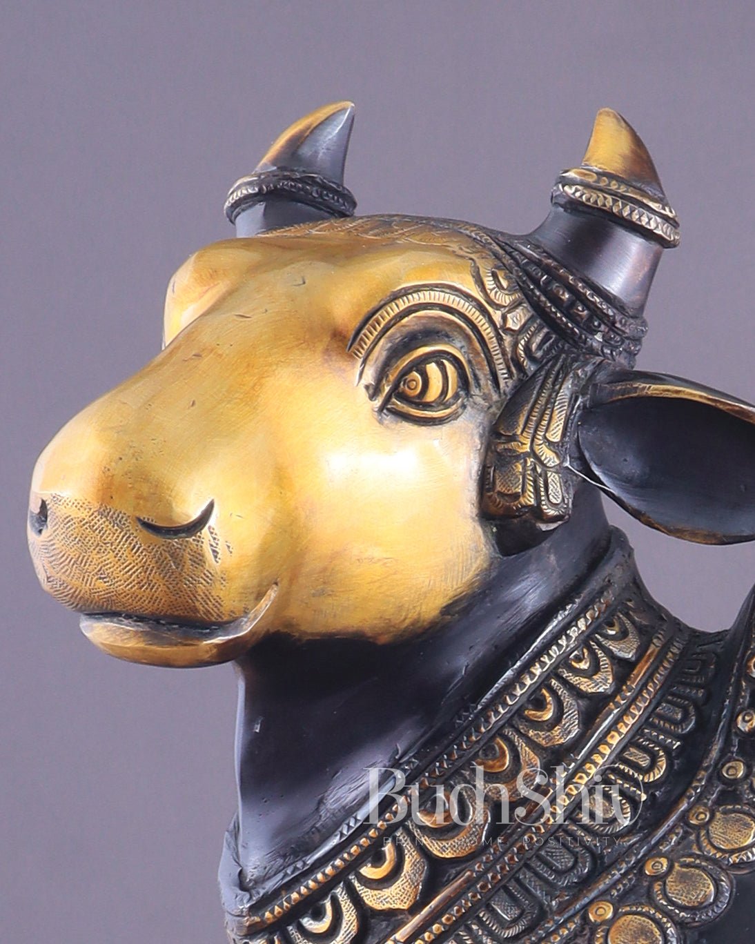 Pure Brass Large Standing Nandi Fully Engraved Sculpture 14" black edition - Budhshiv.com