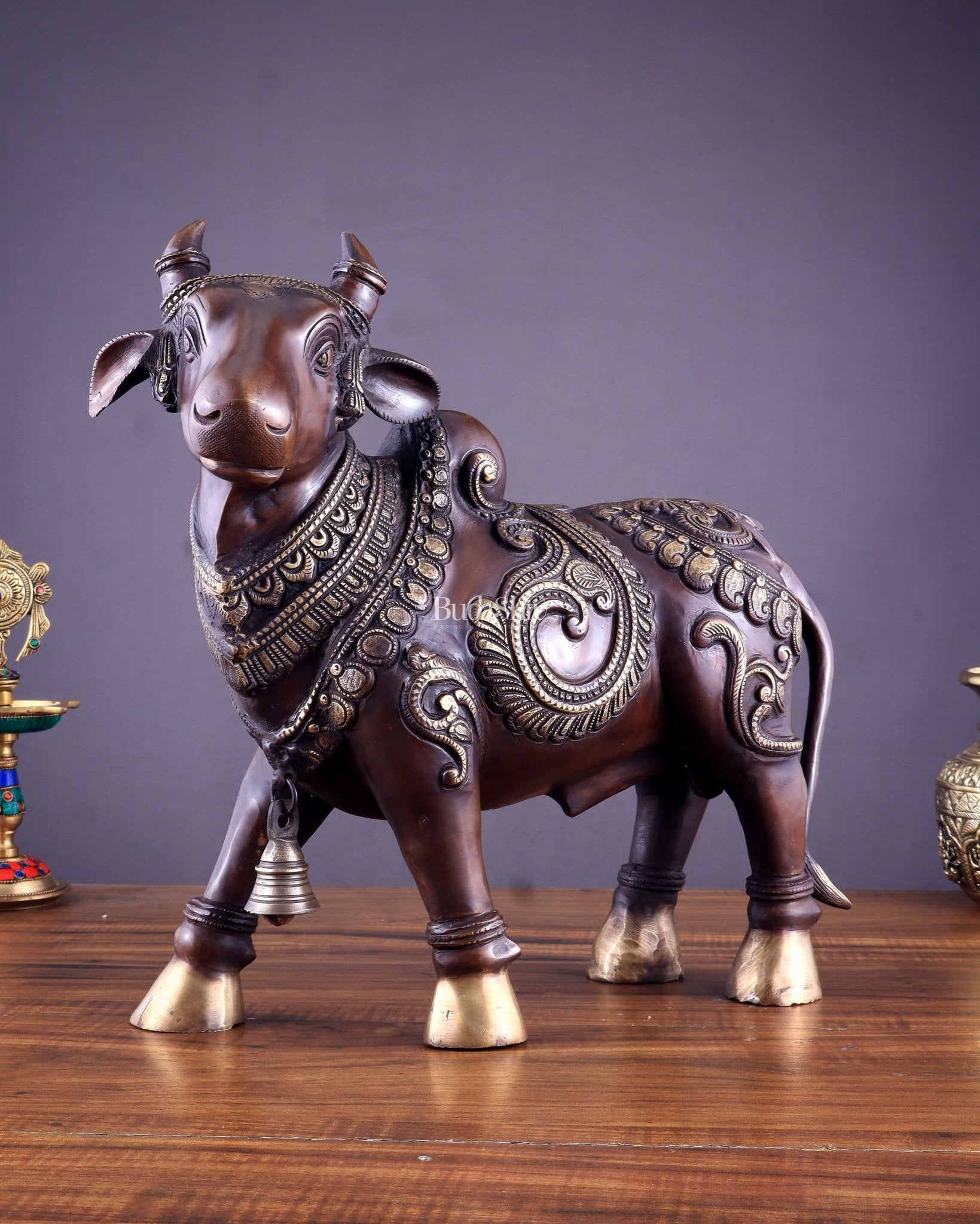 Pure Brass Large Standing Nandi Fully Engraved Sculpture 14" copper tone - Budhshiv.com