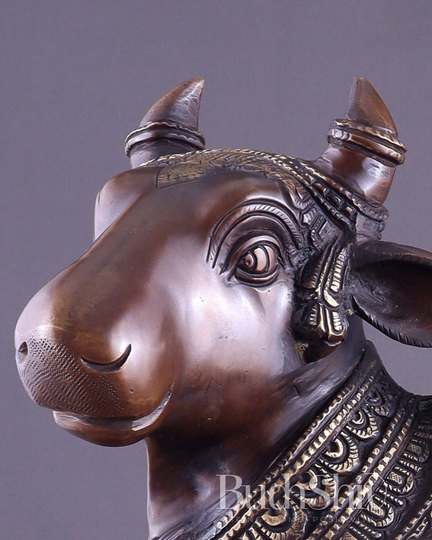 Pure Brass Large Standing Nandi Fully Engraved Sculpture 14" copper tone - Budhshiv.com