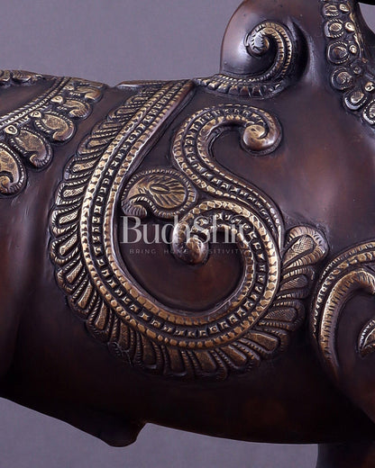 Pure Brass Large Standing Nandi Fully Engraved Sculpture 14" copper tone - Budhshiv.com