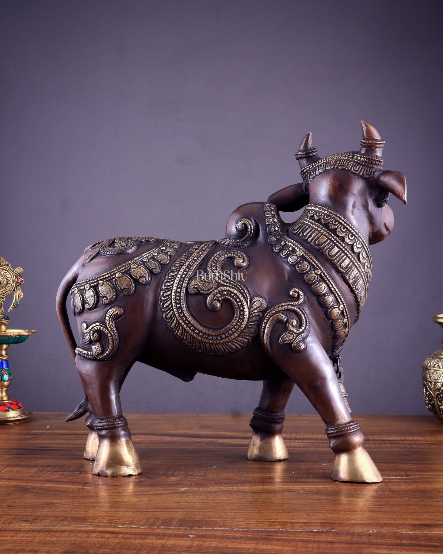 Pure Brass Large Standing Nandi Fully Engraved Sculpture 14" copper tone - Budhshiv.com