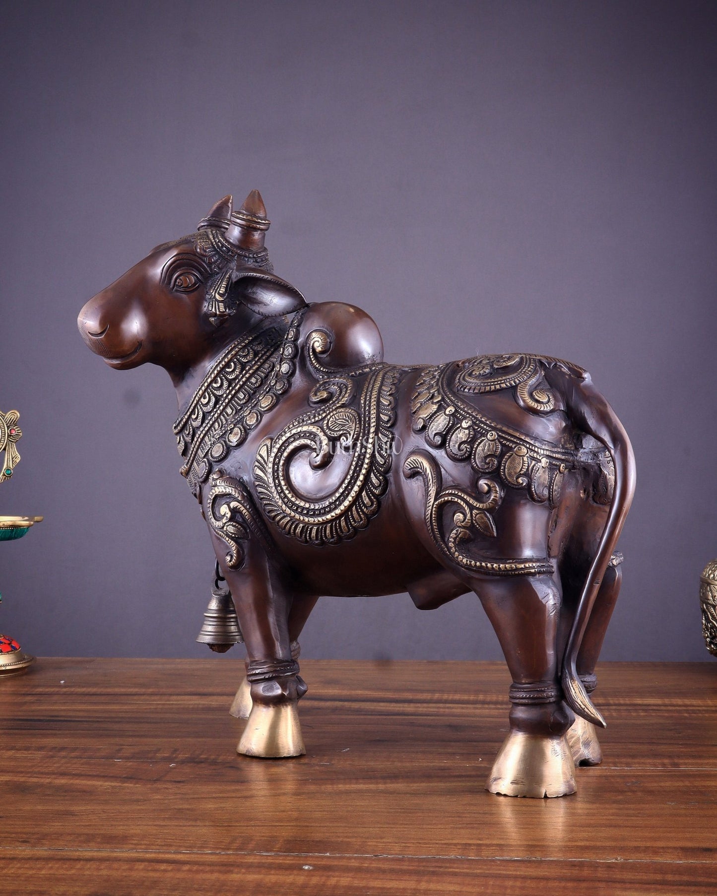 Pure Brass Large Standing Nandi Fully Engraved Sculpture 14" copper tone - Budhshiv.com