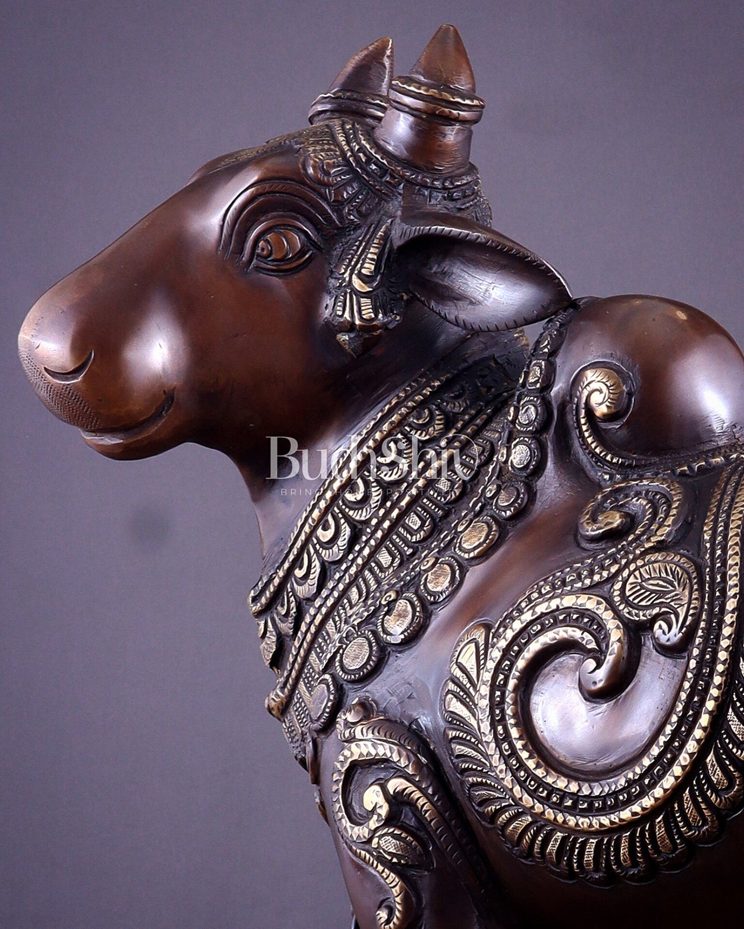 Pure Brass Large Standing Nandi Fully Engraved Sculpture 14" copper tone - Budhshiv.com